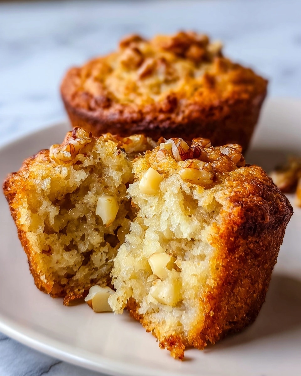 A close-up view of a split muffin showing its soft, crumbly light beige inside with small chunks of apple distributed throughout. The muffin's outside is golden brown with a slightly rough texture. It rests on a white plate featuring a delicate feather-like pattern in blue and beige tones, set against a white marbled texture background. The photo taken with an iphone --ar 4:5 --v 7