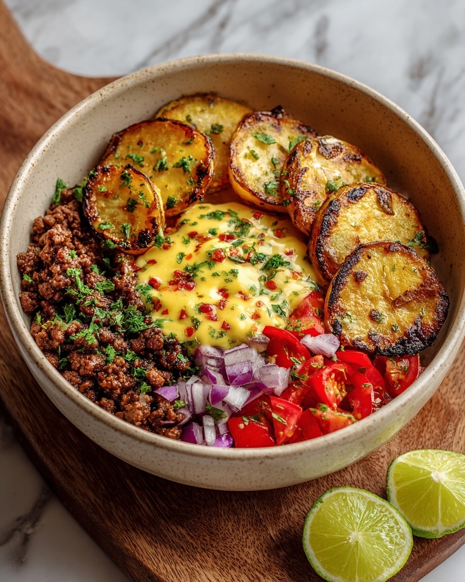 A beige bowl holds a colorful layered dish arranged in sections: bottom left has dark brown cooked ground meat with green herbs sprinkled on top, next to it are multiple golden brown fried potato slices with a crispy charred edge on the right and top, the top right section has bright red chopped tomatoes mixed with small purple onion pieces, and the center is topped with a creamy yellow cheese sauce garnished with bits of chopped green herbs and red chili flakes. The bowl sits on a wooden board with two lime wedges nearby, on a white marbled surface. photo taken with an iphone --ar 4:5 --v 7