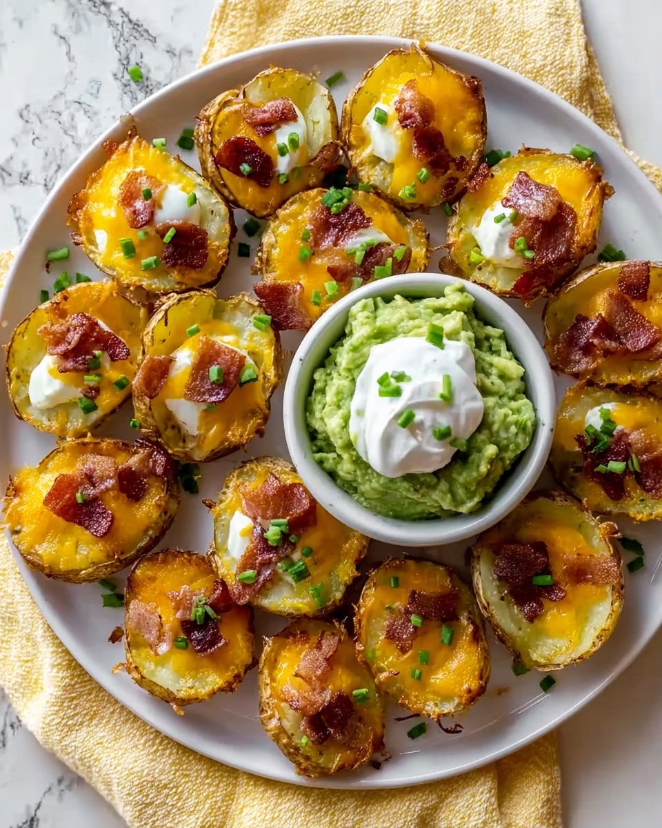 A round white plate holds about 16 small potato halves arranged in a circle around a white bowl of green guacamole in the center. Each potato half has a base layer of crispy golden potato skin with a soft yellow-orange melted cheddar cheese layer on top. On top of the cheese, there is a dollop of white sour cream and crispy brown bacon pieces scattered unevenly. The potatoes are sprinkled with finely chopped green chives adding contrast and freshness. The plate is placed on a folded light yellow cloth over a white marbled surface. The overall look is warm, crispy, and fresh with a mix of yellow, white, brown, and green colors. Photo taken with an iphone --ar 4:5 --v 7