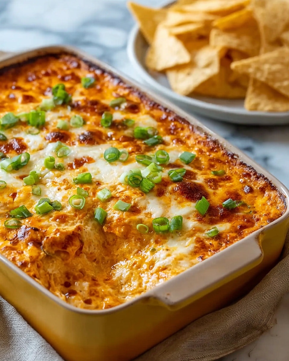 A close-up of a baked dip in a yellow baking dish showing one thick main layer of creamy orange cheese mixed with bits of red, topped with melted white and yellow cheese that is browned in some spots, and sprinkled with chopped green onions on top. The dish sits on a beige cloth on a white marbled surface, and in the background, there are light golden triangular chips on a white plate. Photo taken with an iphone --ar 4:5 --v 7