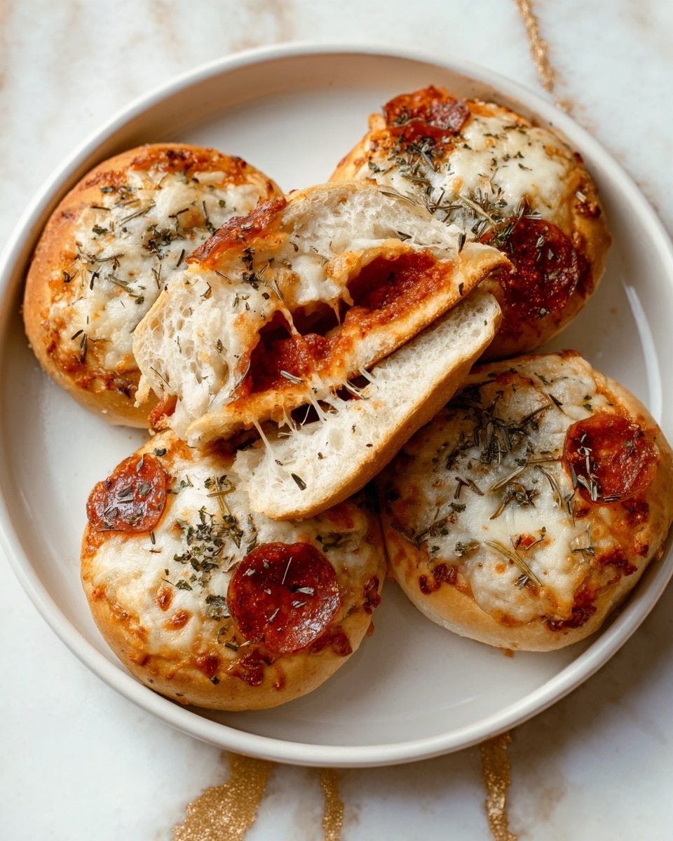 A white plate holds five round baked bread rolls topped with melted, slightly browned cheese and sprinkled with green herbs and white flakes, likely rosemary and sea salt. One roll is cut open on top, showing a soft, airy bread layer and a gooey inside with melted cheese stretching out and slices of red pepperoni. The bread crust is golden brown and slightly crisp. The plate is placed on a white marbled surface with gold streaks. photo taken with an iphone --ar 4:5 --v 7