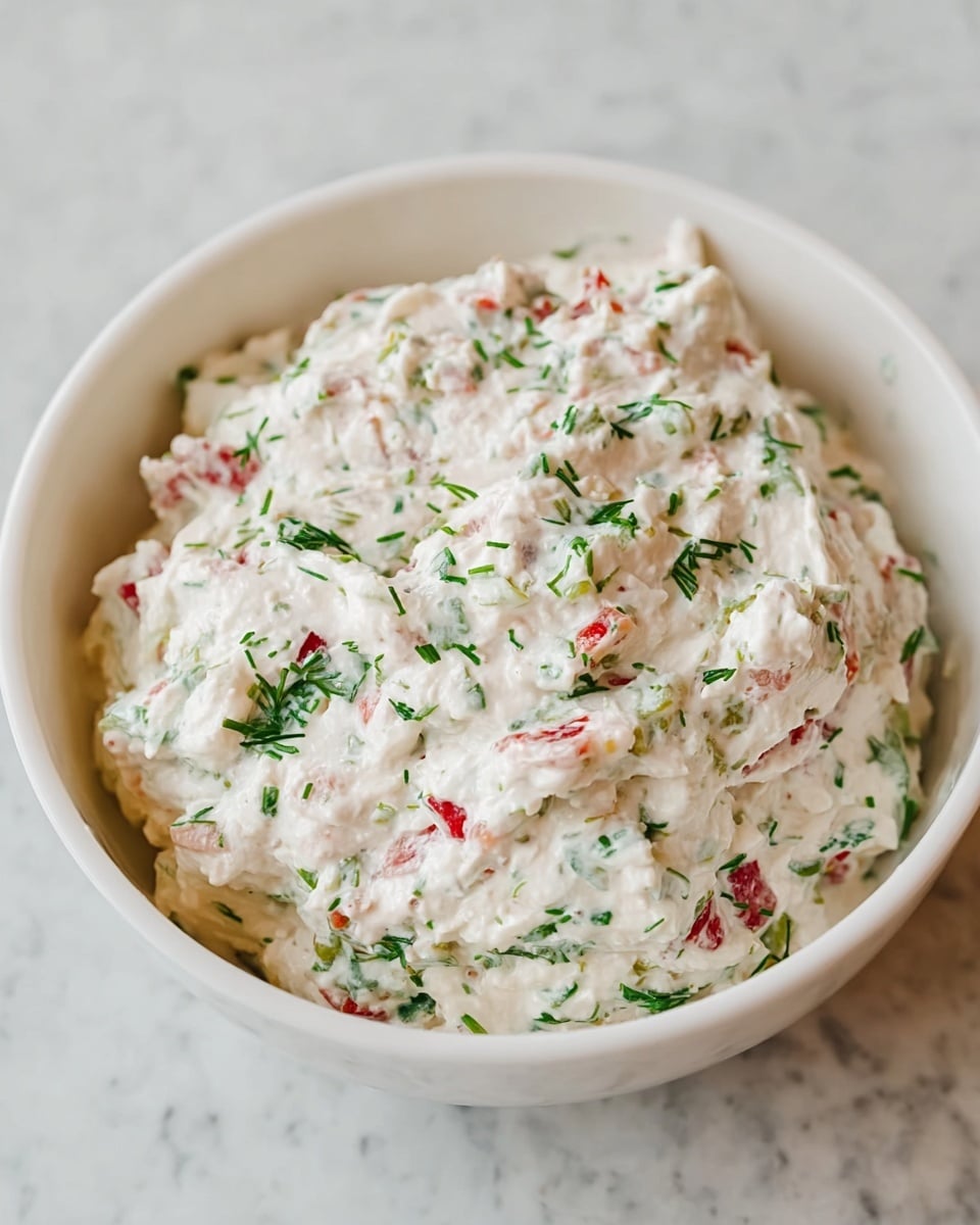A white bowl filled with a creamy mixture that appears to be a dip or salad, with visible small pieces of red and green ingredients mixed throughout the thick white base. The texture is soft and slightly chunky, with green herbs and red bits evenly spread in the creamy layer. The bowl sits on a white marbled texture surface, enhancing the fresh and clean look of the dish. photo taken with an iphone --ar 4:5 --v 7