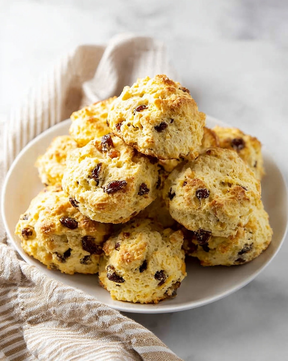 The image shows a white plate filled with about ten round, rustic-looking scones or biscuits piled on top of each other. Each scone has a rough, crumbly texture with a golden-yellow color mixed with spots of dark brown raisins or nuts embedded throughout. The plate sits on a white marbled surface with a beige and white striped cloth casually draped to the side, adding a soft, cozy feel. The scones appear freshly baked with uneven shapes and a slightly crispy outside. photo taken with an iphone --ar 4:5 --v 7