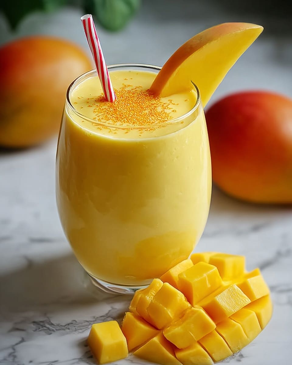 A yellow mango smoothie is served in a clear glass filled to the top, with a slightly frothy texture visible near the rim. On top, there is a sprinkling of orange powder or sugar. A red and white striped straw stands upright inside the glass, and a fresh mango wedge is placed on the rim of the glass. Around the base of the glass on a white marbled surface, there are three mango halves cut in a grid pattern showing bright yellow cubes, and a whole orange mango fruit is blurred in the background. photo taken with an iphone --ar 4:5 --v 7