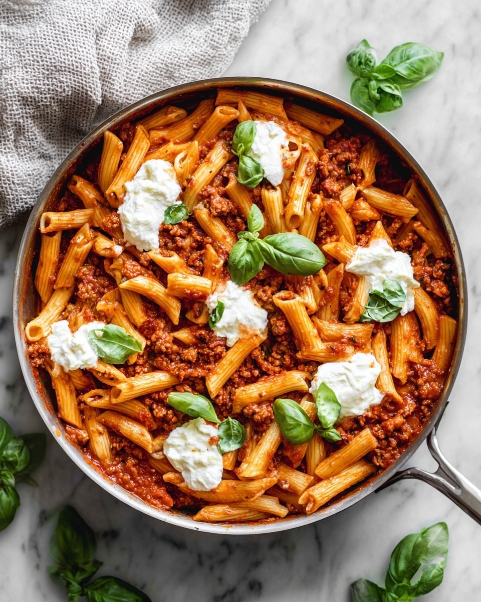 A silver pan filled with three layers: the bottom layer is a thick, red tomato meat sauce with small chunks of ground meat, the middle layer is a heap of orange-red penne pasta coated in the sauce, and the top layer has dollops of white ricotta cheese scattered evenly along with fresh green basil leaves placed on and around the pasta. The scene sits on a white marbled surface with extra basil leaves spread nearby, and a light gray textured cloth is partly visible in the top left corner. photo taken with an iphone --ar 4:5 --v 7