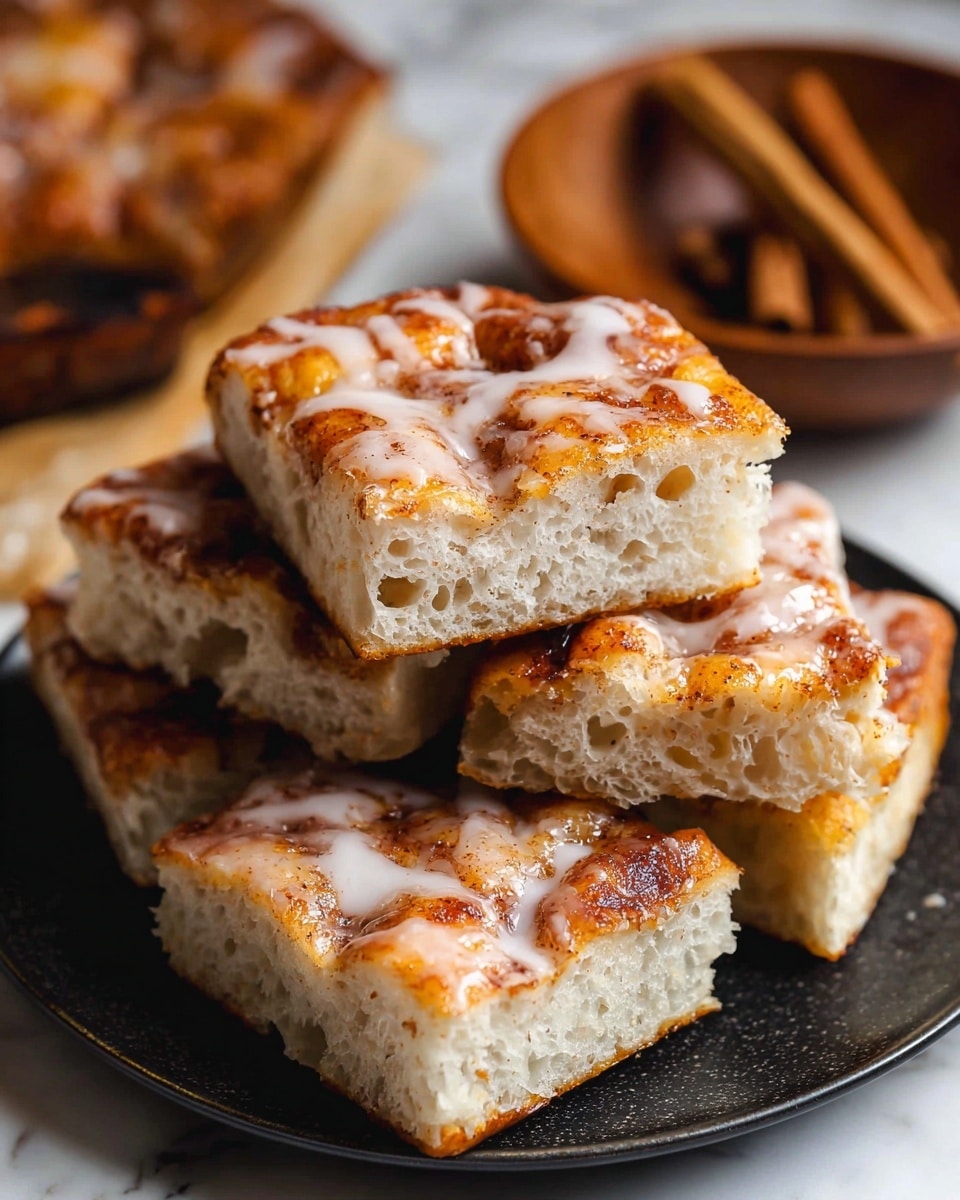 The image shows several pieces of thick, square cinnamon roll focaccia stacked on a dark plate. Each piece has a golden-brown, slightly crispy crust with a soft, airy inside that has visible air holes. The top is swirled with cinnamon and sugar, covered by a shiny layer of white glaze that contrasts with the darker cinnamon areas. In the blurry background, there is a bowl with broken cinnamon sticks, and the setting is on a white marbled surface. Photo taken with an iphone --ar 4:5 --v 7