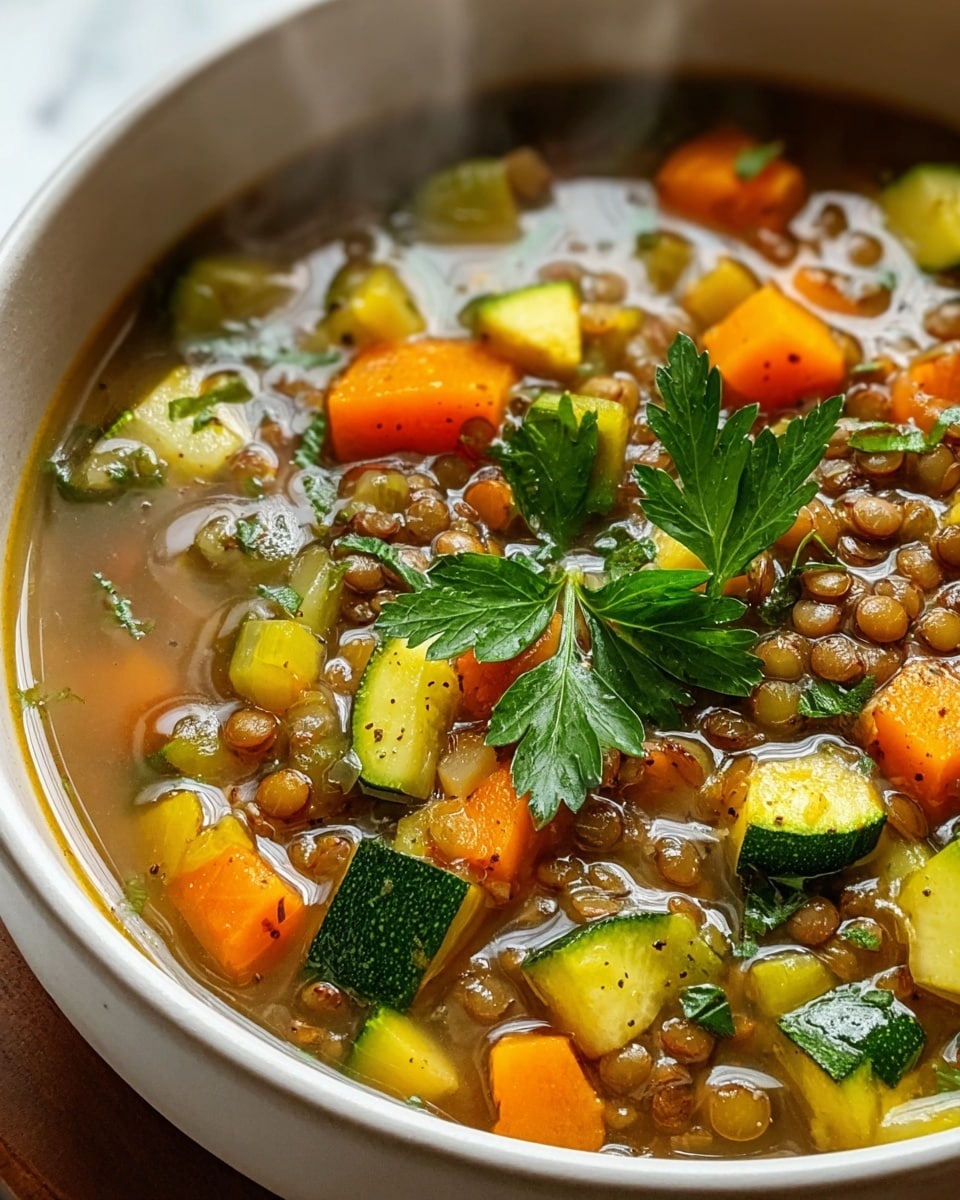 A close-up of a white bowl filled with vegetable lentil soup, showing a clear broth with visible layers of small brown lentils, chunks of orange carrots, and green zucchini pieces with dark green skin and light green flesh, all mixed with translucent onion bits. The soup is topped with fresh green parsley leaves placed in the center. Steam rises gently from the hot soup, and the bowl sits on a white marbled surface. photo taken with an iphone --ar 4:5 --v 7