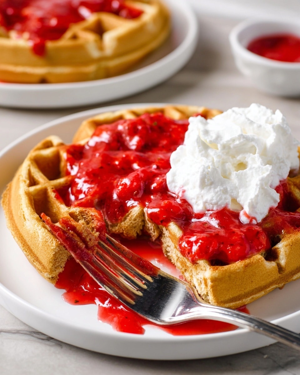 A thick golden-brown waffle rests on a white plate with a section cut out on a silver fork showing its soft inside texture. Bright red strawberry sauce generously covers the waffle, filling its square indentations and dripping over the edges. A fluffy mound of white whipped cream sits on the right side, partially covered by more strawberry sauce. In the background, there is another white plate with a waffle topped with the same sauce, all set on a white marbled surface. photo taken with an iphone --ar 4:5 --v 7