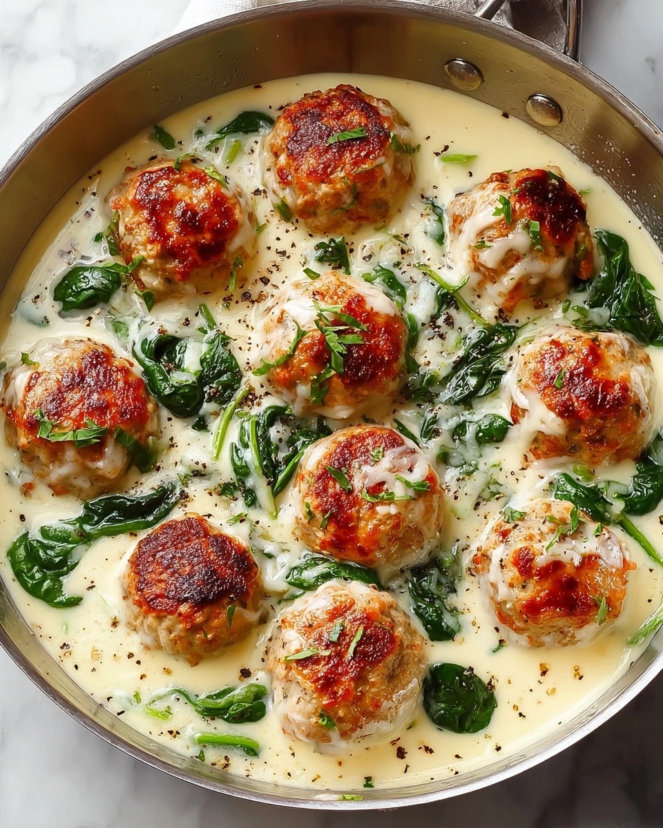 A round gray pan filled with about fifteen browned meatballs covered in a thick light cream sauce with visible green spinach leaves mixed throughout; the meatballs have crispy golden-brown tops with the creamy sauce partially coating them, creating a textured look with swirls and spots of green and white around them, all sitting neatly inside the pan on a white marbled surface with a striped cloth nearby. photo taken with an iphone --ar 4:5 --v 7