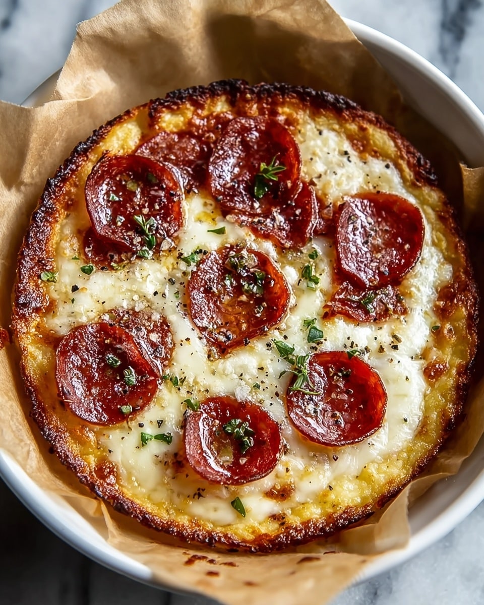 A small pizza with three main layers is shown on brown paper inside a white plate. The bottom layer is a golden-brown crust with a slightly crispy edge. On top of that is a layer of melted white cheese that looks creamy and smooth with some parts browned from cooking. Scattered over the cheese are slices of deep red pepperoni that are slightly curled and browned at the edges. The pizza is sprinkled with small green herb leaves and tiny black pepper bits. The photo is taken from above on a white marbled surface. Photo taken with an iphone --ar 4:5 --v 7