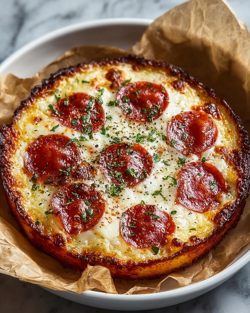 A small round pizza with a thick, golden-brown crust, slightly crispy on the edges. The bottom layer is a light, cheese base, creamy and bubbling, followed by melted white mozzarella cheese spread evenly across the top. There are about eight round, reddish pepperoni slices arranged in a circle and scattered centrally, some edges slightly curled and crisped. Sprinkles of finely chopped green herbs and a light dusting of black pepper are spread evenly over the cheese and pepperoni. The pizza rests on crumpled brown parchment paper inside a white plate. The background shows a white marbled surface. photo taken with an iphone --ar 4:5 --v 7
