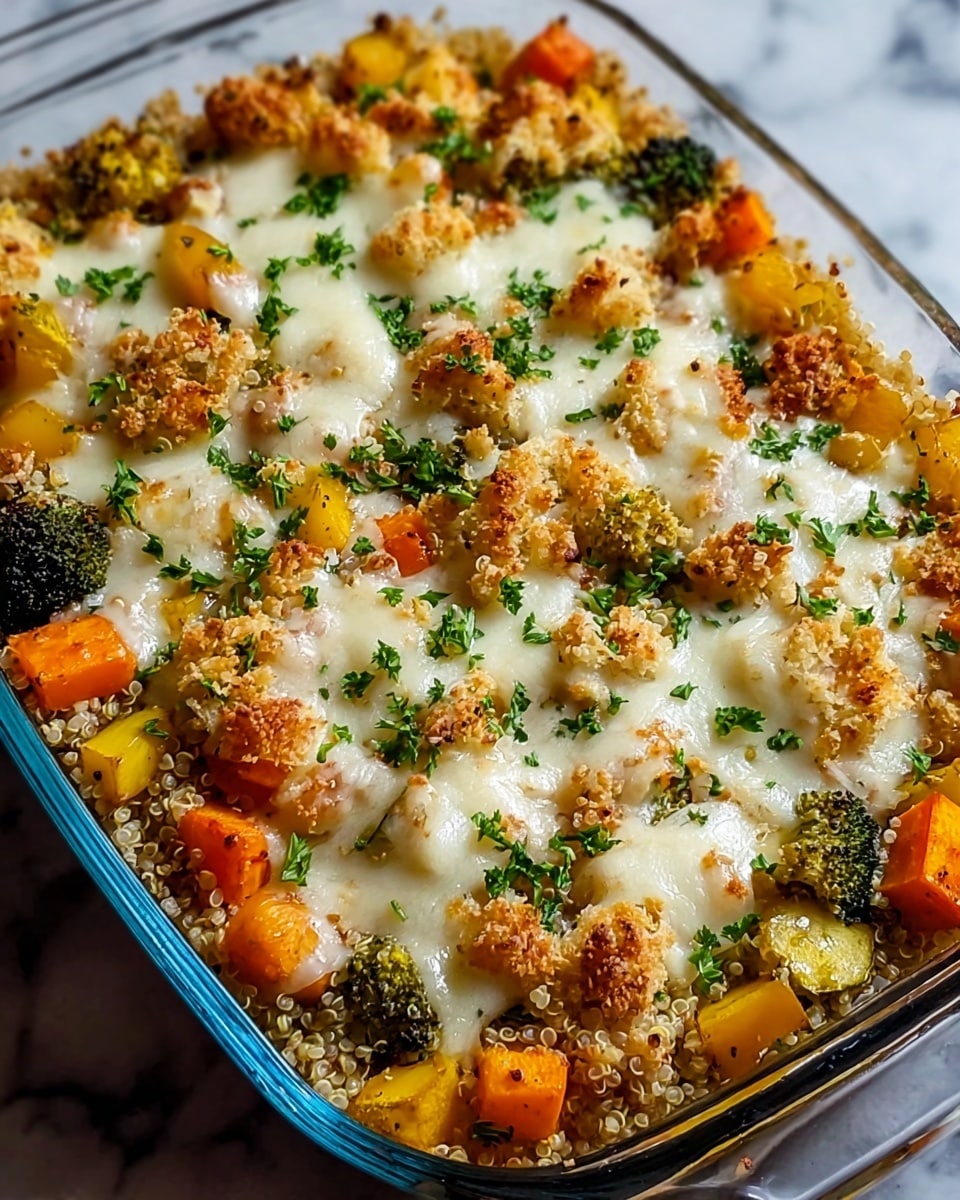 A baked quinoa casserole in a clear glass dish, showing three main layers: the bottom layer with cooked quinoa, the middle layer with mixed roasted vegetables including orange carrots, yellow squash, and green broccoli florets, and the top layer covered with melted white cheese and golden-brown crispy breadcrumbs sprinkled with fresh green parsley pieces. The surface has a crunchy texture with browned spots, and the casserole looks rich and colorful against a white marbled textured background. photo taken with an iphone --ar 4:5 --v 7