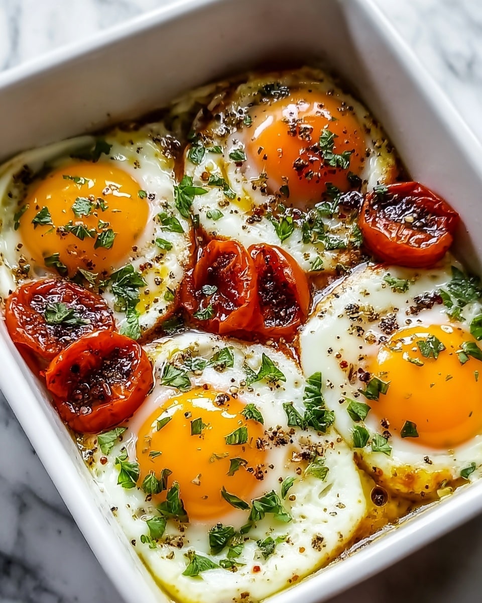Four baked eggs are shown close up in a white square dish on a white marbled surface. Each egg is thick with white cooked fully and bright golden yolk on top, some with a slightly browned edge. Two eggs are topped with small roasted red tomato pieces, and all are sprinkled with chopped green herbs and black pepper flakes. The dish looks warm and fresh, with some oil glistening on the yolks and white parts. Photo taken with an iphone --ar 4:5 --v 7