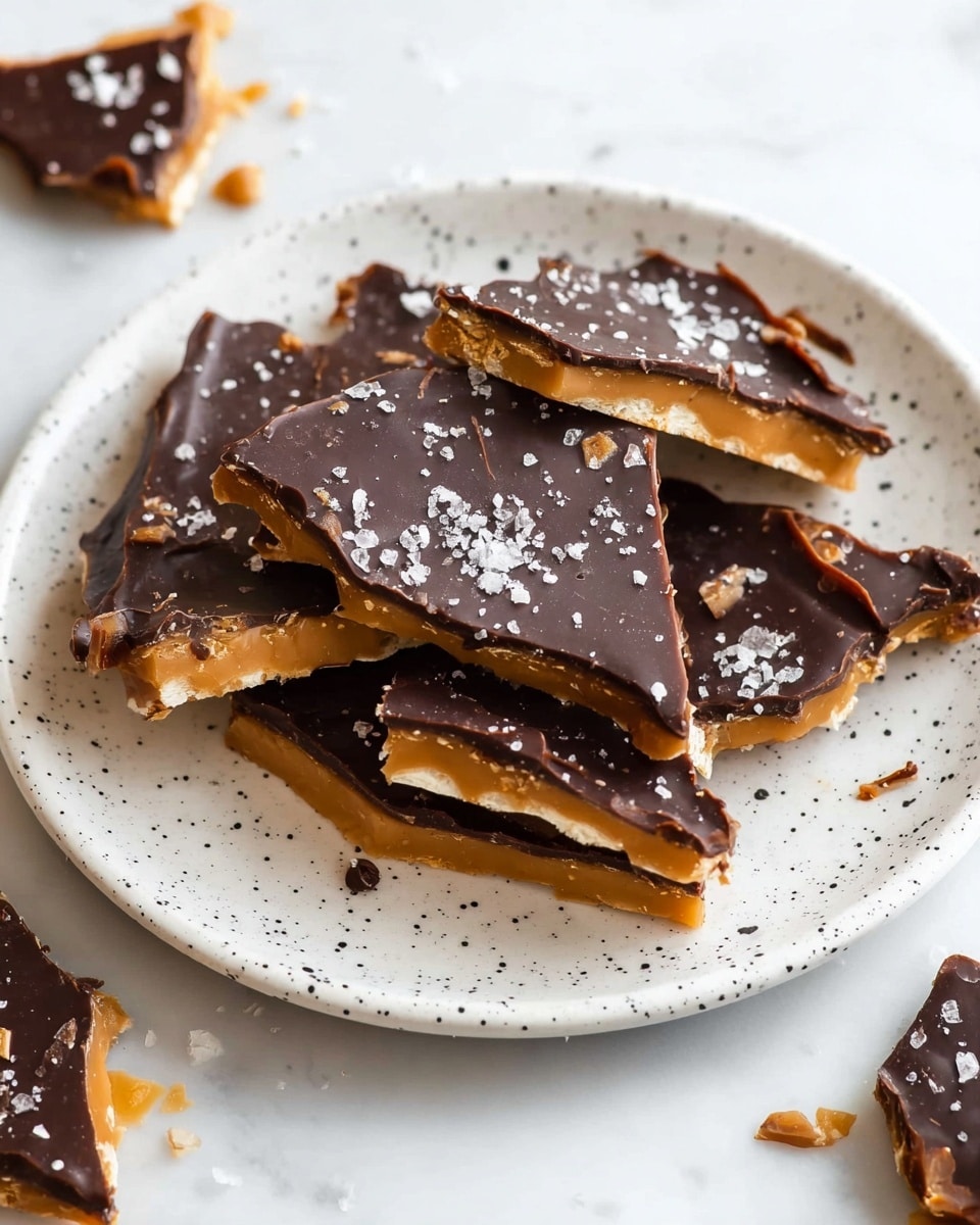 A white plate with black speckles holds several irregularly shaped pieces of layered bark candy. Each piece has three main layers: a bottom light golden crunchy toffee layer, a middle thin creamy pale caramel layer, and a top thick dark brown chocolate layer with a slightly wavy texture. Small flakes of white sea salt are scattered over the chocolate. Around the plate are a few more broken pieces of the candy on a white marbled surface. Photo taken with an iphone --ar 4:5 --v 7
