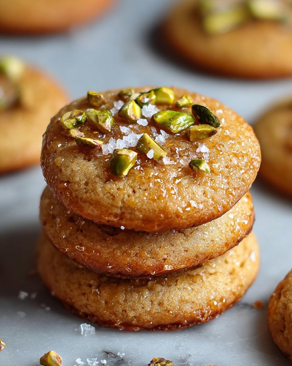 The image shows a stack of three round, golden brown cookies with a slightly crisp and crackled texture. Each cookie is topped with roughly chopped green pistachio pieces and sprinkled with coarse white sea salt crystals, adding a contrast in color and texture. The cookies have a shiny, glazed look on top, making the surface appear slightly sticky and caramelized. The background is a soft-focus white marbled texture, and more cookies are blurred in the background, emphasizing the stack in the front. Photo taken with an iphone --ar 4:5 --v 7