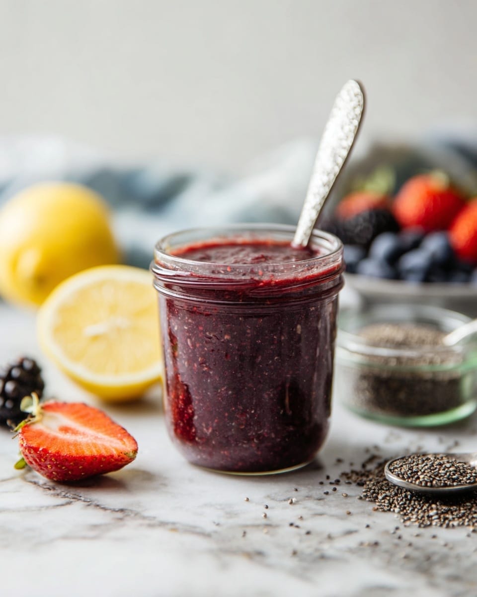 A clear glass jar filled with dark red, slightly textured chia seed jam with visible tiny seeds spreads near the top, sitting on a white marbled surface. A silver spoon with a patterned handle rests inside the jar, sticking out at an angle. To the left, there is a halved lemon showing pale yellow inside, a red strawberry cut in half, and a whole blackberry. In the background, there is another small glass jar filled with chia seeds and some scattered chia seeds with a silver spoon on the right side. A blurred mix of fresh fruits including strawberries, blueberries, and blackberries lies further back on a white and blue cloth. The overall setting is bright and natural. photo taken with an iphone --ar 4:5 --v 7