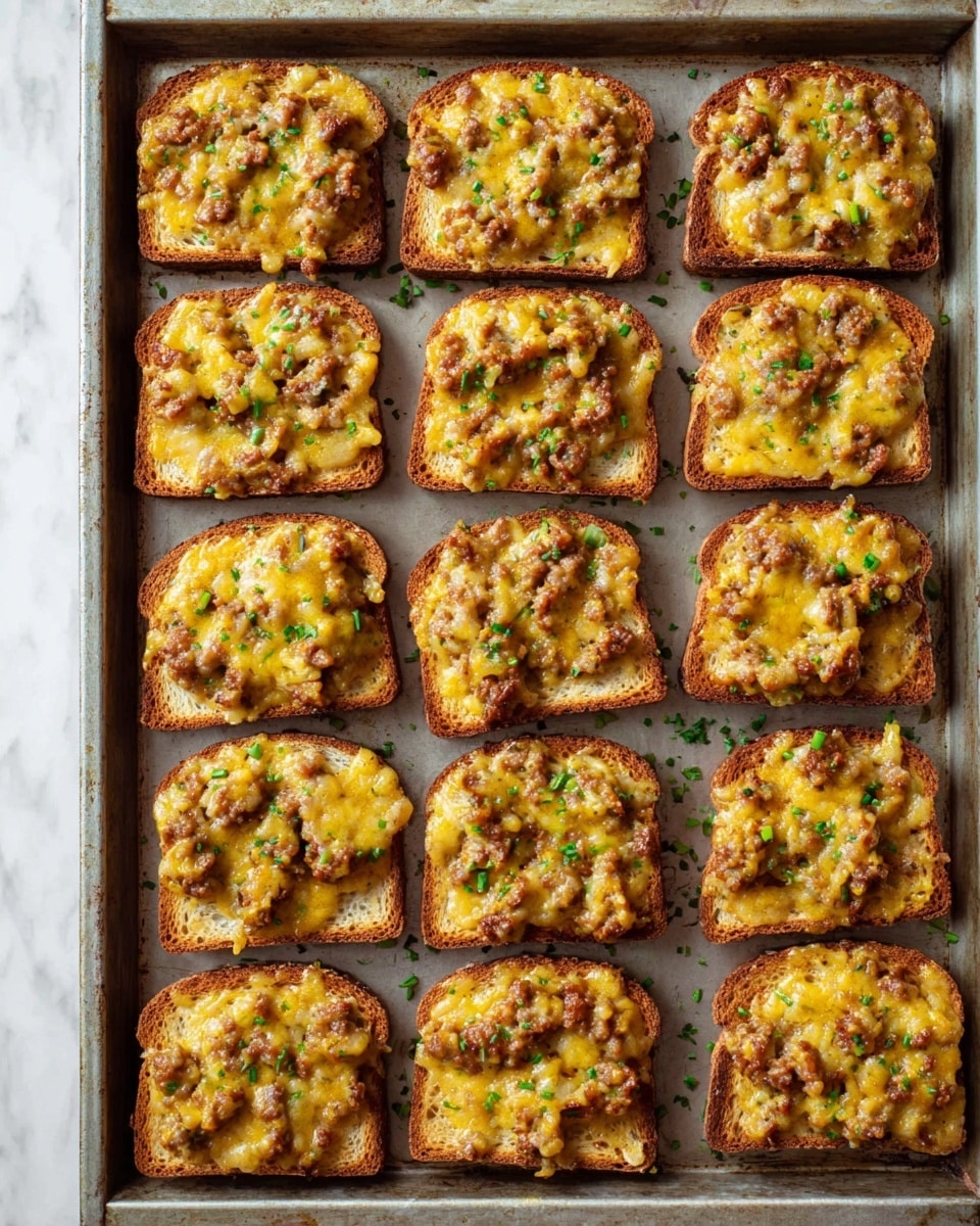 Several open-faced toasts are arranged on a white marbled surface, each with one layer of light brown toasted bread topped by a thick, uneven layer of browned sausage mixed with melted yellow cheddar cheese and small bits of green herbs sprinkled on top. The cheese is melted and slightly crispy in some spots, blending with the crumbled sausage, giving a rich, textured look. Photo taken with an iphone --ar 4:5 --v 7