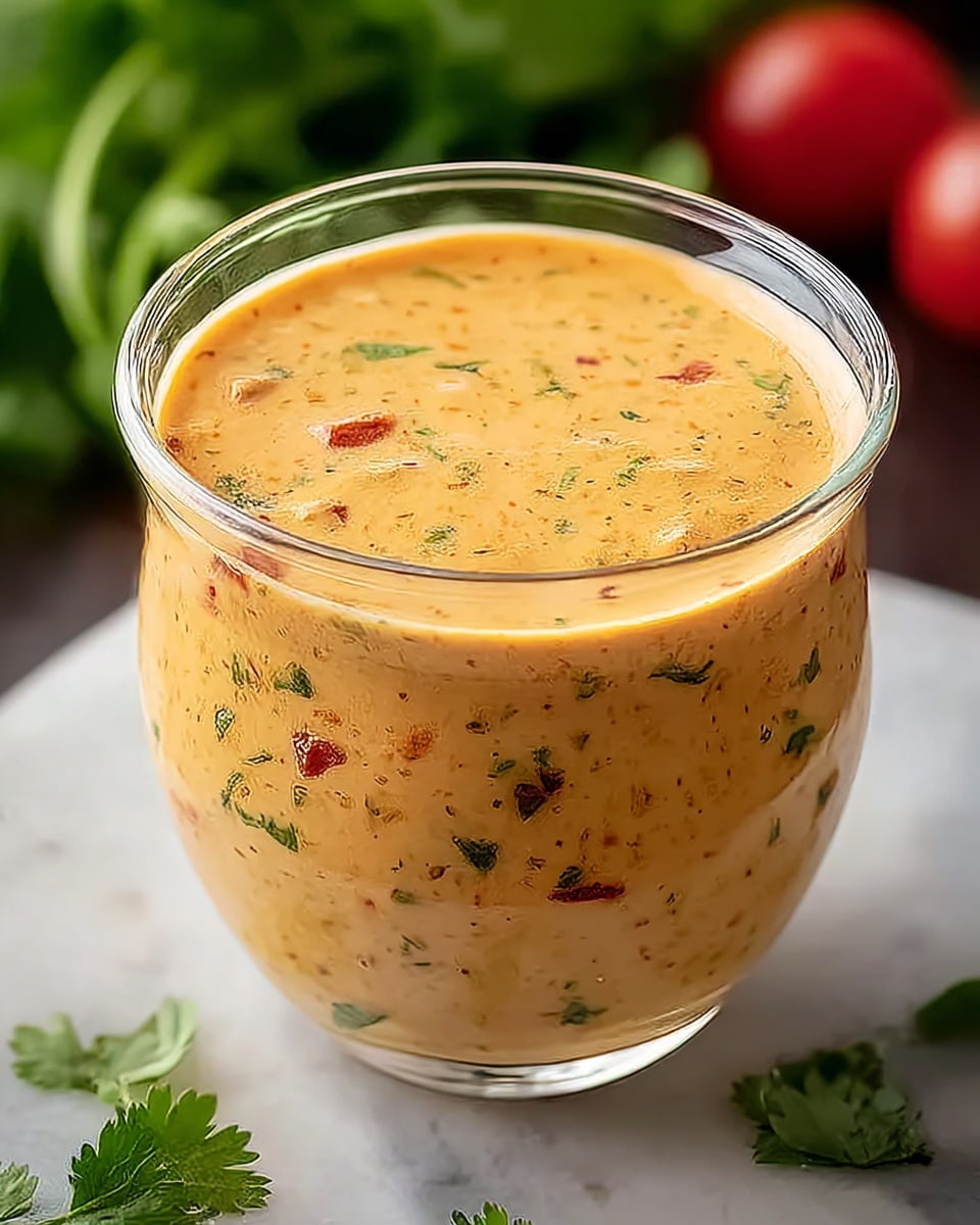 A clear glass container is filled with a thick, creamy sauce that is a light orange color with small green and red specks mixed throughout, sitting on a white marbled surface. In the blurry background, green leafy herbs and chunks of red tomatoes add a fresh touch behind the container. The sauce has a smooth texture but the bits of herbs and spices give it a slightly speckled look. Photo taken with an iphone --ar 4:5 --v 7