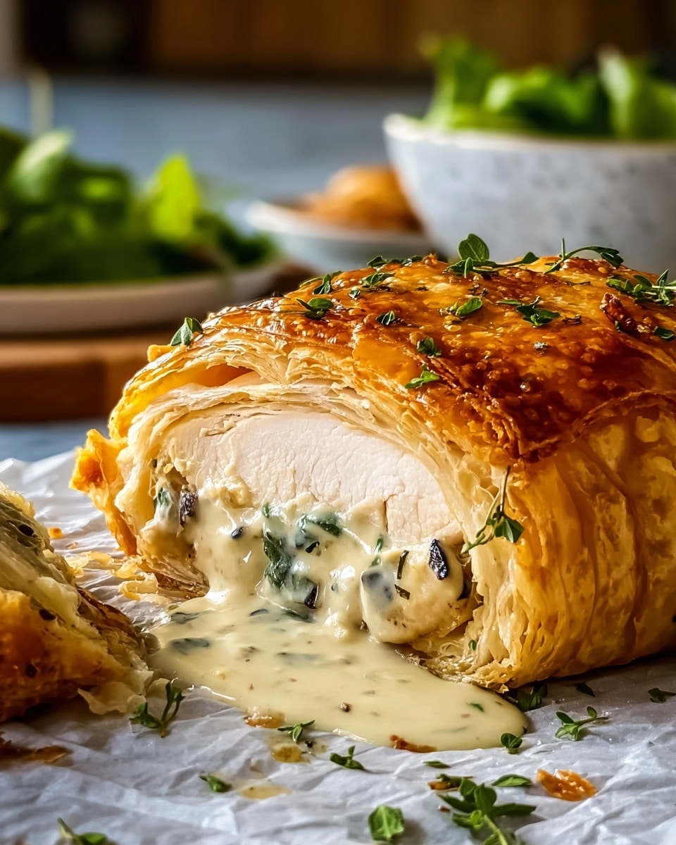 A close-up view of a golden brown puff pastry wrapped around a thick piece of cooked chicken breast, with visible layers of flaky pastry on top sprinkled with small green herbs. Inside, creamy sauce with black and white bits surrounds the chicken. The sauce is flowing out from the thick slice, pooling slightly on the white marbled surface below. Some small green herb leaves scatter around the pastry, which rests on parchment paper. In the blurred background, a white bowl filled with green leafy salad is visible. photo taken with an iphone --ar 4:5 --v 7