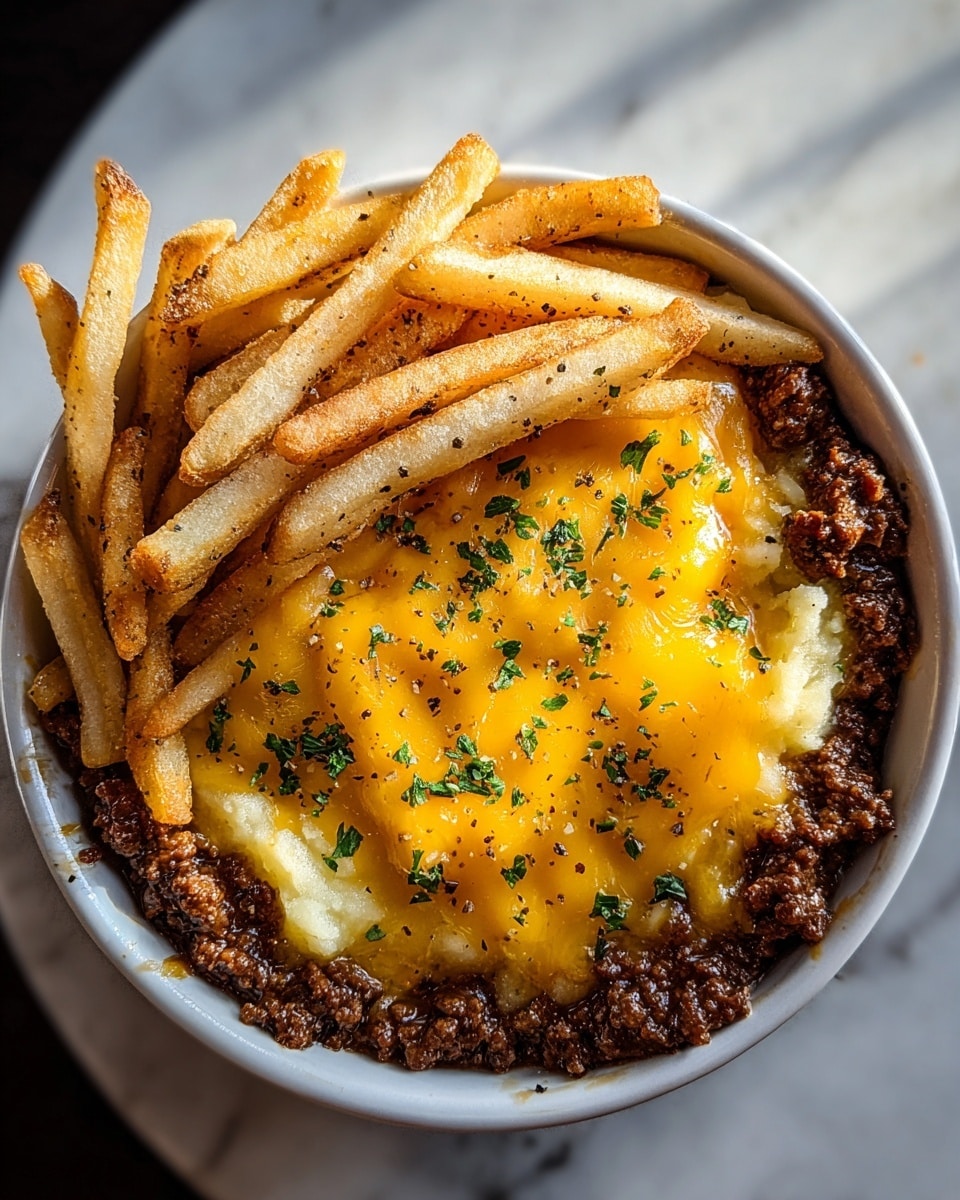 A close-up view of a dish in a white bowl filled with golden French fries at the bottom. The middle layer consists of cooked ground beef scattered over the fries. The top layer is a thick, melted layer of bright orange cheddar cheese, sprinkled with small red tomato cubes and finely chopped green herbs. The textures show crispy fries underneath, crumbly beef, and gooey cheese melting nicely over it all, creating a rich and hearty look. Photo taken with an iphone --ar 4:5 --v 7
