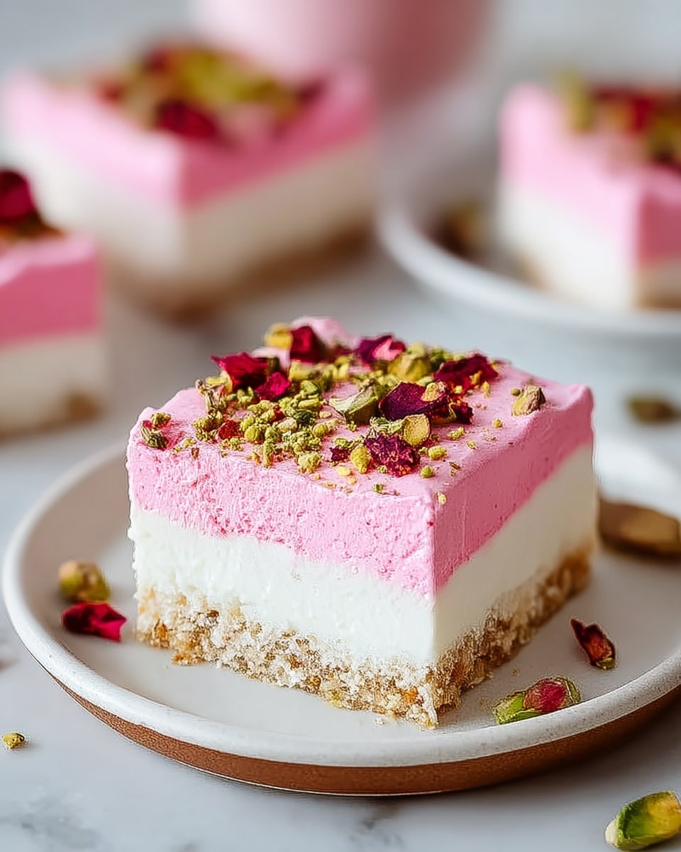 A square slice of dessert with three visible layers sits on a white plate with a light rim; the bottom layer is a crumbly brown base, the middle layer is thick and white with a smooth texture, and the top layer is a bright pink drizzle that runs down the sides, sprinkled with chopped green pistachios and tiny rose petals. A woman's hand holds a gold spoon lifting a piece from the top, showing the pink layer dripping slightly and contrasting with the creamy white inside of the slice. The background is a soft white marbled texture with another dessert slice blurred in the distance. photo taken with an iphone --ar 4:5 --v 7
