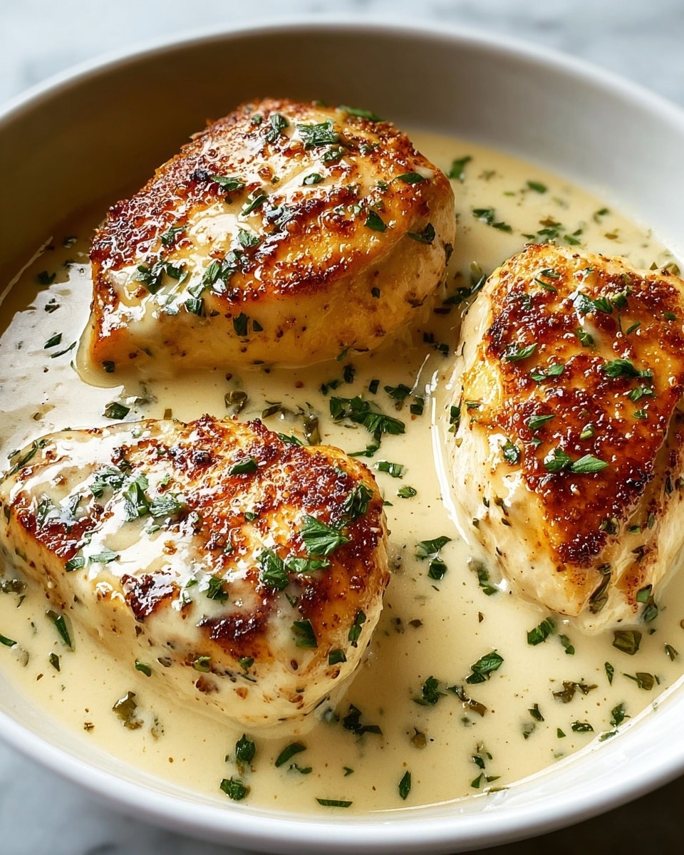Three pieces of seared chicken breast rest in a shallow layer of creamy, light beige sauce inside a white bowl. Each chicken piece has a golden-brown, slightly crispy top layer with touches of darker caramelization. Bright green chopped herbs are sprinkled over the chicken and sauce, adding color contrast to the smooth, glossy texture of the cream. The bowl is placed on a white marbled surface, and the image shows the dish up close with good lighting, highlighting the moist texture of the chicken. photo taken with an iphone --ar 4:5 --v 7