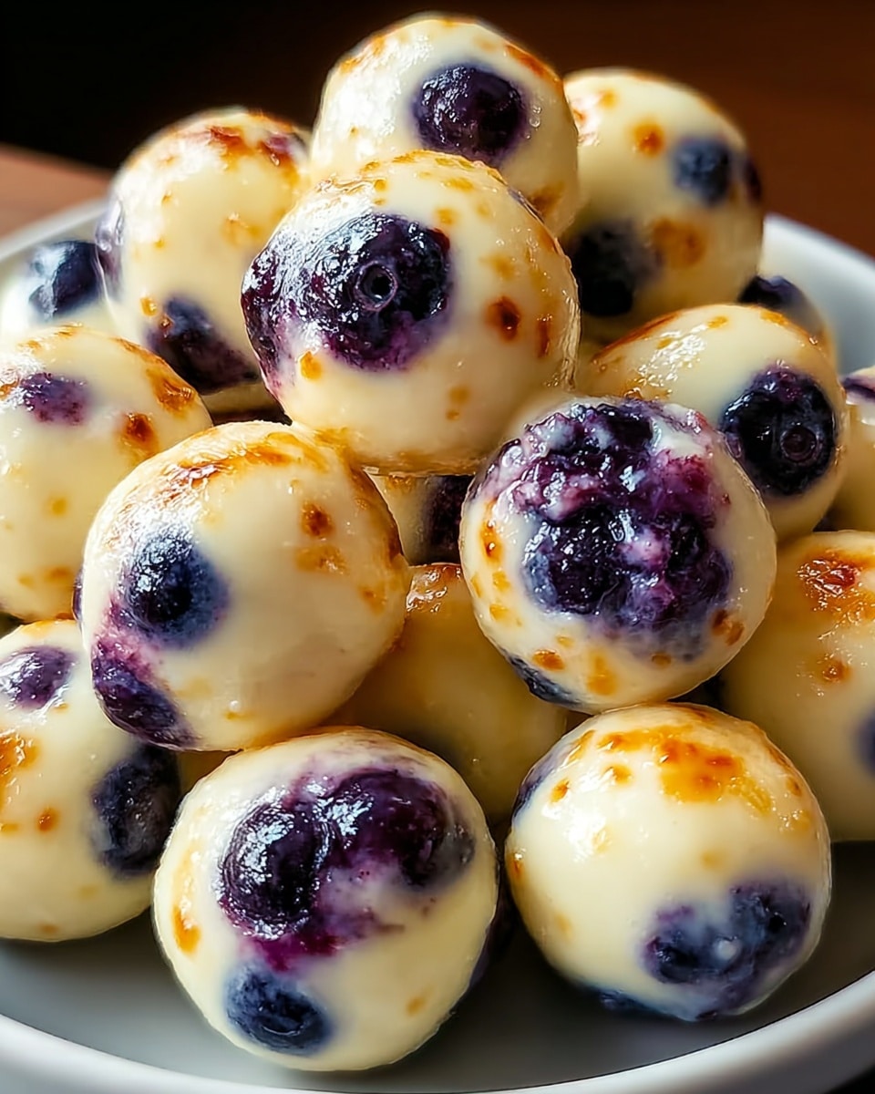 A close-up of small, round dessert balls stacked on a white plate. Each ball has three visible layers: a creamy white outer coating with a glossy texture, speckled with golden-brown caramelized spots, and underneath it, deep purple-blue blueberries peek through. The blueberries appear plump and juicy, with a soft, shiny surface. The balls are tightly packed together, showing the contrast between the smooth, creamy layer and the bright blueberries inside. The scene is set on a white marbled surface with warm lighting, highlighting the textures and colors of the dessert. photo taken with an iphone --ar 4:5 --v 7