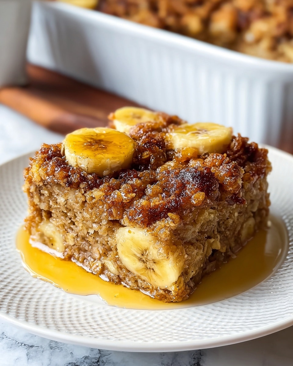 A thick square piece of baked oatmeal banana dish sits on a white plate with a textured pattern. The bottom layer has soft, chunky banana slices in pale yellow mixed with moist oatmeal, which is light brown with some bits of cinnamon or brown sugar. The top layer is a darker, crispy golden-brown crumble with a rough texture, showing caramelized sugar and oats. Syrup or melted butter puddles around the base of the slice, adding a shiny, golden liquid contrast. In the background, part of a white baking dish with the same baked oatmeal is visible, set on a white marbled surface. Photo taken with an iphone --ar 4:5 --v 7