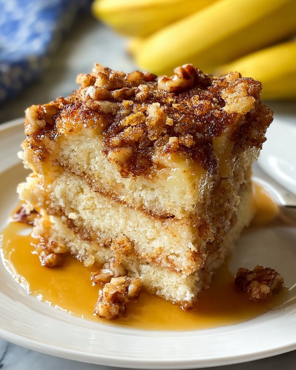 A close-up of a slice of cake showing three visible layers: the bottom and middle layers are soft, light beige cake with a moist texture, while the top layer is a crunchy, crumbly mixture of golden brown nuts and cinnamon, slightly caramelized on top. The slice sits on a white plate with syrup pooling around it, adding a glistening shine. The background shows part of yellow bananas and the scene rests on a white marbled surface. Photo taken with an iphone --ar 4:5 --v 7