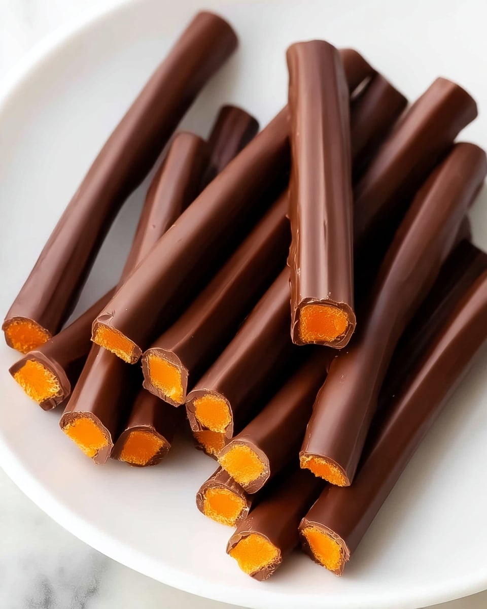 Several long, thin chocolate sticks are placed in a circle on a white plate, set against a white marbled surface. Each stick is coated in a smooth, dark brown chocolate layer with a slightly glossy finish. The sticks are cut at one end to show a vibrant orange filling inside, which looks dense and soft. The sticks lay close together, with the cut ends facing inward, creating a ring shape. In the center, one stick is positioned vertically with its cut orange end clearly visible. Photo taken with an iphone --ar 4:5 --v 7