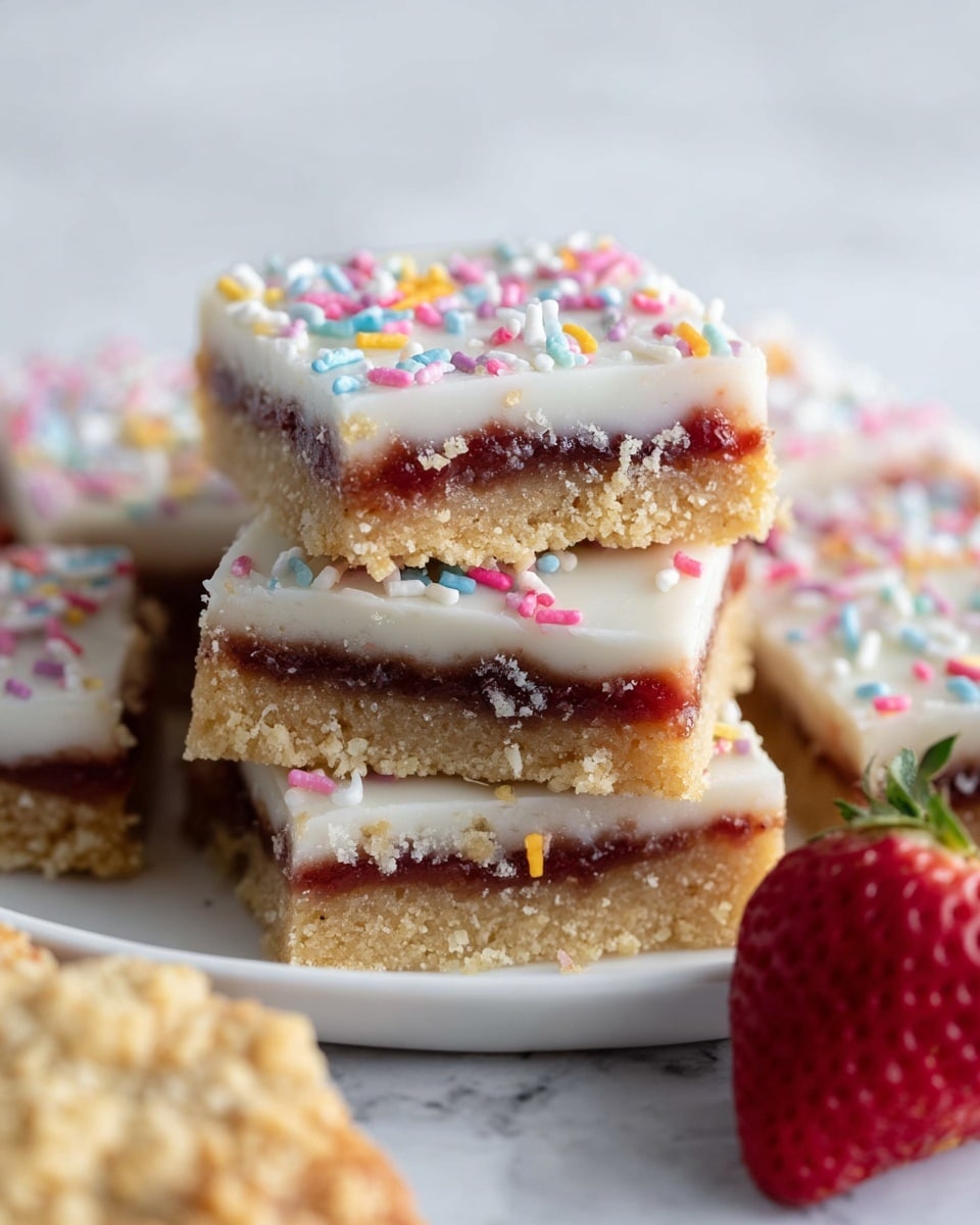 The image shows a stack of square dessert bars with three visible layers: a crumbly golden-brown base, a thin dark reddish layer of jam in the middle, and a smooth white icing on top. The icing is decorated with colorful sprinkles in pink, blue, white, yellow, and orange scattered over the surface. The bars are placed on a white plate on a white marbled texture surface. A fresh red strawberry rests beside the plate, adding a pop of color. In the foreground, part of a crumb-topped pastry is visible but out of focus. photo taken with an iphone --ar 4:5 --v 7