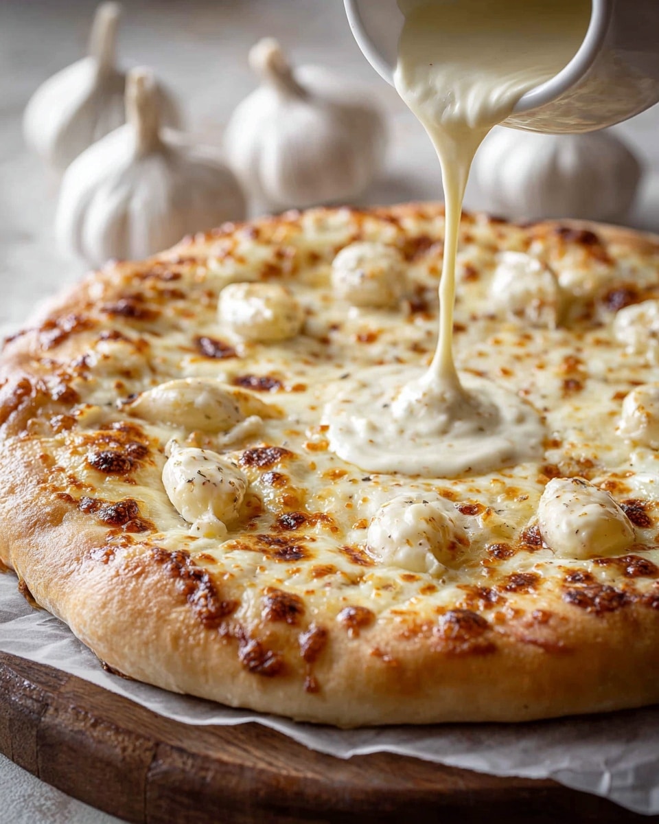 A thick, golden-brown pizza crust forms the base of this pizza with nine white garlic cloves placed evenly around the edge. The top of the pizza is covered with melted cheese that has small brown spots, adding a toasted look. In the center, creamy white sauce is being poured from a small white container, spreading over the cheese and making the middle look smooth and shiny. The pizza sits on white parchment paper and a round wooden board, set on a white marbled texture. Soft-focused garlic bulbs form a creamy white background. Photo taken with an iphone --ar 4:5 --v 7