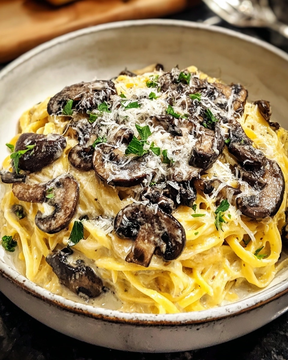 A bowl filled with creamy fettuccine pasta coated in a thick, pale beige sauce, topped with several brown sautéed mushroom slices that have a slight shine. The pasta noodles are slightly curled and layered, giving depth to the dish. Scattered on top are small pieces of green parsley leaves and a generous sprinkling of grated white cheese, adding texture and color contrast. The bowl is white and sits on a white marbled surface with a soft grey cloth visible nearby. photo taken with an iphone --ar 4:5 --v 7