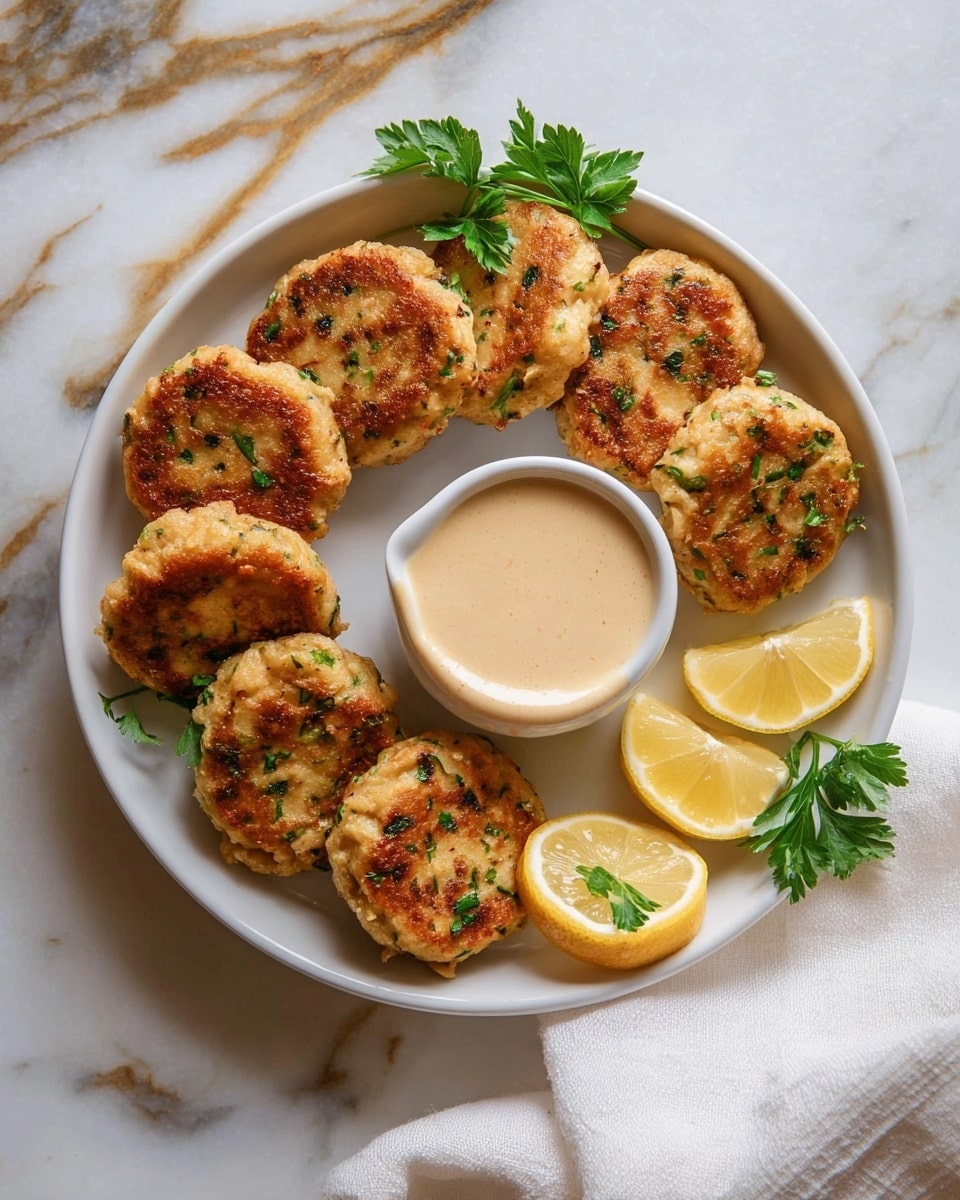 A white round plate holds eight golden-brown patties with flecks of green herbs scattered throughout, arranged in a circular pattern around a small white bowl filled with creamy light beige sauce. To the right of the bowl, three lemon wedges with bright yellow rind and pale yellow flesh are placed, and a sprig of fresh green parsley sits between the patties and the sauce bowl. The plate rests on a white marbled surface with subtle gold and brown veins, and a white cloth is draped nearby. photo taken with an iphone --ar 4:5 --v 7