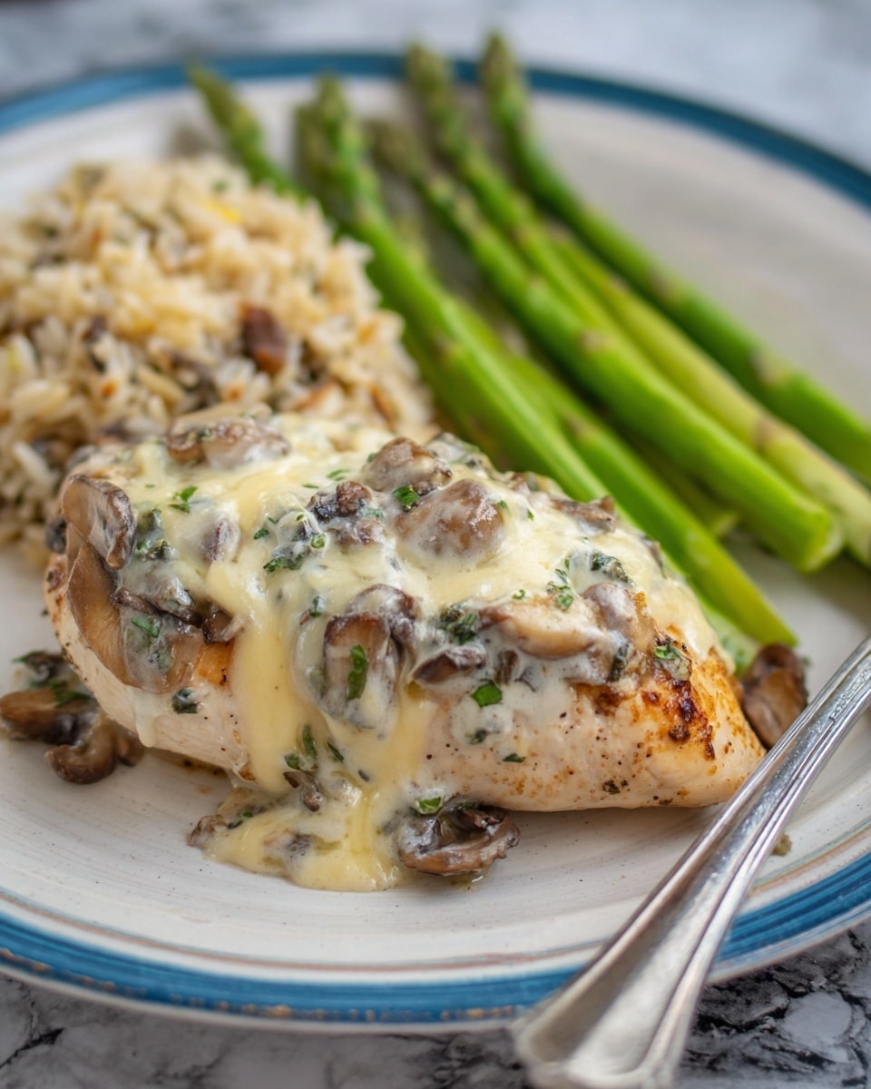 A white plate with a blue rim holds a cooked chicken breast topped with a creamy white sauce mixed with chopped mushrooms and herbs, covered by melted light yellow cheese. Behind the chicken, there is a serving of rice with small bits of mushroom mixed in, and to the right of the chicken, several fresh green asparagus spears lay parallel. A fork with a silver handle rests near the asparagus on the plate. The entire dish is placed on a white marbled texture. photo taken with an iphone --ar 4:5 --v 7