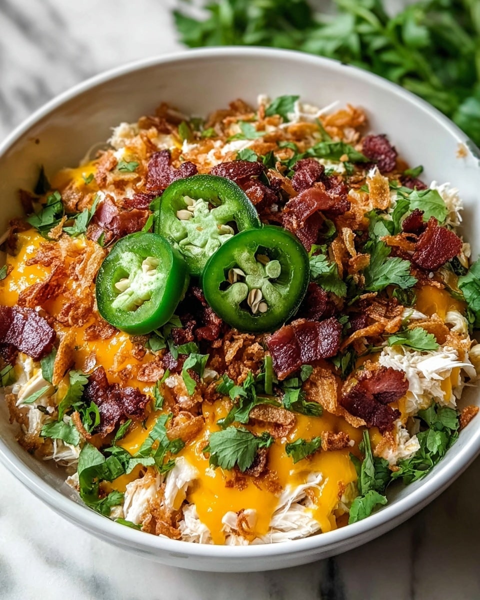 A white bowl filled with a layered dish starting with a base of shredded white chicken, topped with melted bright orange cheddar cheese that spreads unevenly, crispy light brown fried onions scattered all over, thin dark red bacon pieces, fresh green cilantro leaves, and slices of bright green jalapeño peppers with visible seeds placed on top. The bowl is set on a white marbled surface with some green leaves blurred in the background. photo taken with an iphone --ar 4:5 --v 7