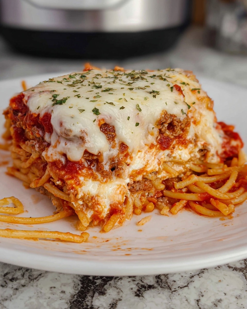 A close-up view of a layered spaghetti casserole slice on a white plate, showing three main layers: at the bottom and middle are thick nests of spaghetti mixed with red tomato sauce, and in between these is a layer of creamy white cheese with bits of browned meat visible. The top layer is melted white mozzarella cheese, slightly browned and sprinkled with green herbs. The edges are messy with some sauce spread on the plate, and strands of spaghetti stick out from the sides. The background is a white marbled surface with a blurred kitchen appliance in the back. Photo taken with an iphone --ar 4:5 --v 7