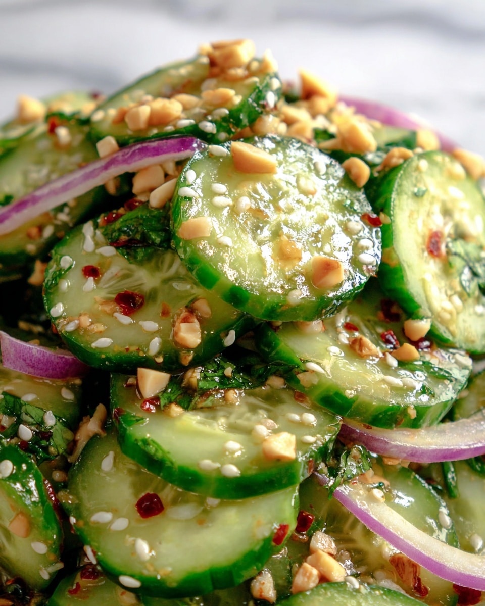 The image shows a close-up of a cucumber salad with thin, round cucumber slices layering the dish. Mixed throughout are thin rings of purple onion that add a contrast of color. The salad is sprinkled with chopped nuts that are light brown and small white sesame seeds, adding texture. There are small pieces of green herbs spread across the salad, and hints of red chili flakes are visible, giving a spicy touch. The cucumber slices have a glossy, fresh texture, and everything is placed on a white marbled surface. Photo taken with an iphone --ar 4:5 --v 7