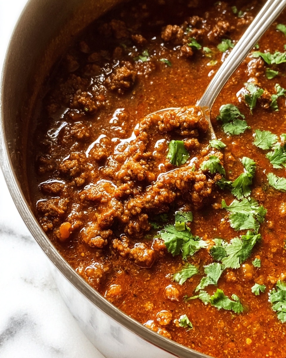 A close-up shot of a pot filled with rich ground meat chili, showing one main layer of chunky browned ground meat mixed with a thick, reddish-brown sauce, and scattered bright green chopped cilantro leaves on top for a fresh look. A silver spoon dipped into the chili on the right side picks up some of the saucy meat. The pot edge is visible at the bottom with a shiny metal surface, and the background is a white marbled texture. photo taken with an iphone --ar 4:5 --v 7