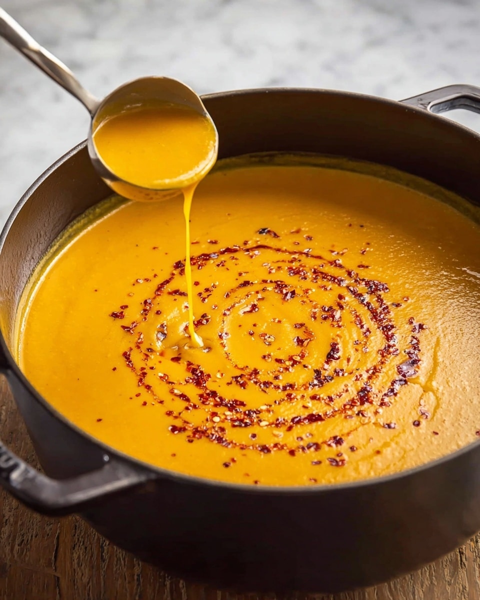 A close-up view of a bowl filled with smooth orange soup, topped with a swirl of red chili flakes and oil, giving a spicy look. The bowl is white with a textured blue pattern on the inside and edges. A silver spoon is placed inside the soup on the right side. Part of a sliced lemon is visible near the top right corner and some ginger pieces can be seen near the bottom left corner. The background is a white marbled texture. photo taken with an iphone --ar 4:5 --v 7