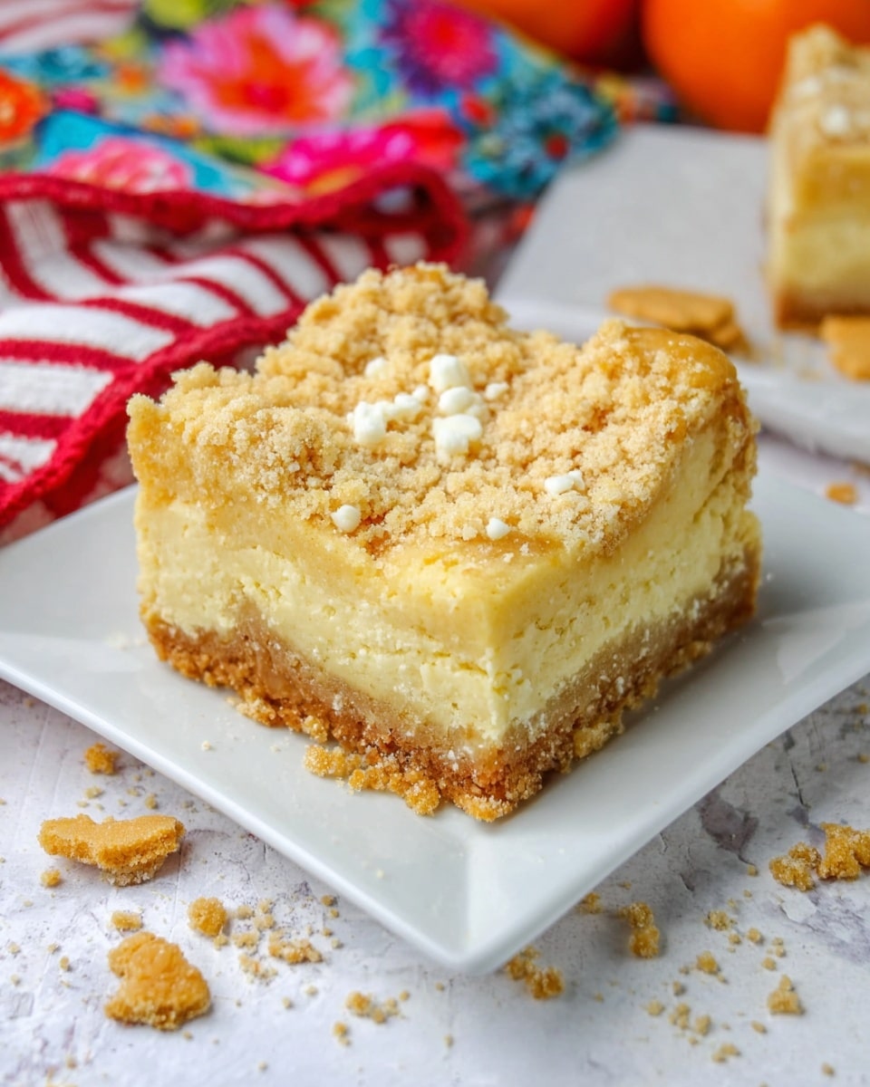A square slice of crumbly dessert sits in the center of a white square plate on a white marbled textured surface. The dessert has two main layers: a bottom light brown crust that looks firm and crumbly, topped with a thicker pale yellow layer that appears soft and smooth with small white chunks inside. The top layer is sprinkled with more crumbs, giving it a rough texture. Around the plate and surface are broken orange cookie pieces and scattered crumbs, adding extra detail. In the background, a red and white striped cloth and colorful floral fabric slightly blur out. Photo taken with an iphone --ar 4:5 --v 7