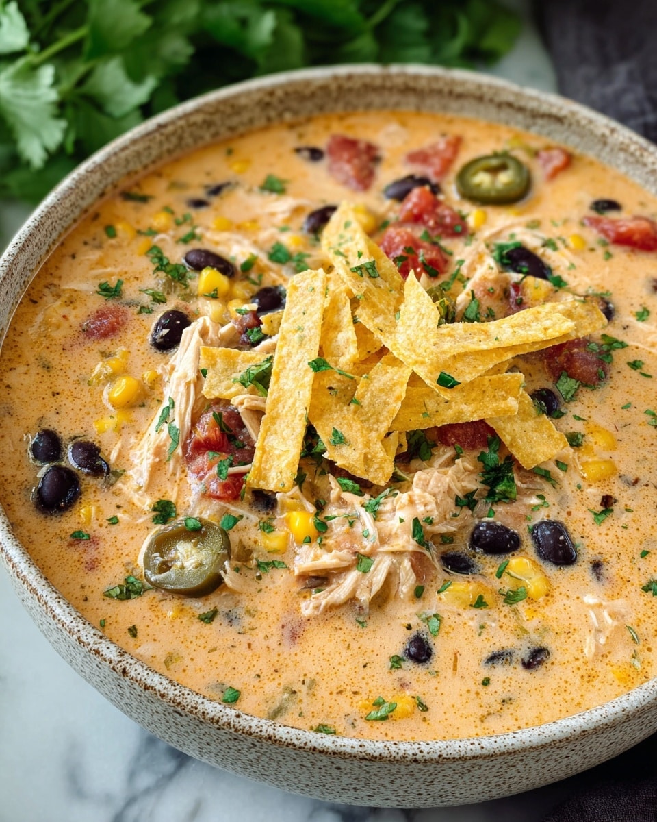 The image shows a creamy soup with a light orange base, filled with visible chunks of shredded chicken, black beans, yellow corn, green jalapeño slices, and red tomato pieces. On top of the soup, there are thin, crispy yellow tortilla strips and a sprinkle of finely chopped green herbs, likely cilantro. The soup is served in a round, speckled bowl on a white marbled surface, with some green cilantro leaves blurred in the background. Photo taken with an iphone --ar 4:5 --v 7