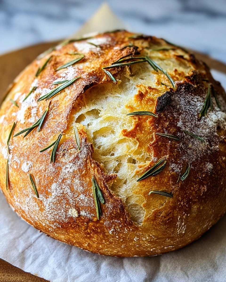 The image shows a round loaf of bread with a golden-brown crust that is cracked open at the top, revealing a soft, airy white inside. The crust has a slightly burnt, crispy texture in some parts and is dusted with white flour. Green rosemary sprigs are scattered on top, adding color and texture. The bread rests on a white parchment paper on a white marbled surface. photo taken with an iphone --ar 4:5 --v 7