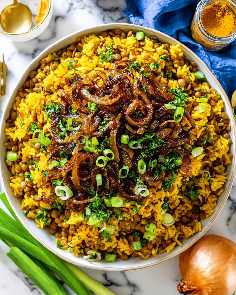 A large white bowl filled with a layered dish of yellow-orange rice mixed with small green lentils, topped with sautéed caramelized onions that are brown and glossy, and sprinkled with fresh green chopped scallions and parsley. The rice and lentils form the base layer, with the onions concentrated in the middle and some scattered over the top. Bright green sliced scallions and parsley add a fresh contrast to the warm colors of the rice and onions. The bowl sits on a white marbled surface, surrounded by whole green scallions, a brown onion, and a small jar of yellow spice on a blue cloth. photo taken with an iphone --ar 4:5 --v 7