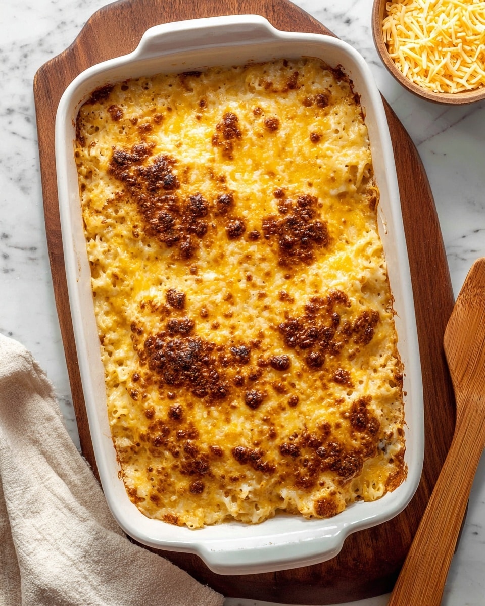 A white baking dish filled with a baked casserole that has a golden yellow top layer of melted cheese with crispy browned spots scattered across its surface. The casserole’s texture shows small holes and bubbly, slightly browned areas, indicating a creamy pasta or noodle base underneath the cheesy crust. The dish sits on a wooden table with a bowl of shredded cheese to the right and a wooden spatula to the left, with a white cloth partially visible at the bottom left corner. The scene is set on a white marbled texture. photo taken with an iphone --ar 4:5 --v 7