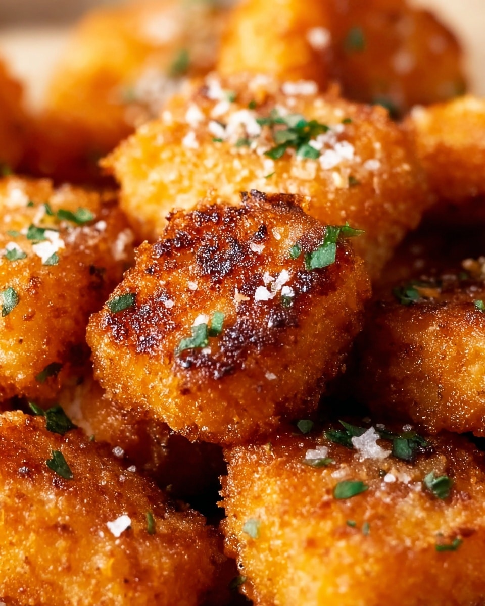 This image shows a close-up of several golden-brown fried nuggets with a rough, crispy texture on their surface. Each nugget is small, rectangular, and evenly coated with a crunchy, crumbly breading that has dark browned spots from frying. Sprinkles of coarse white salt and tiny pieces of green herbs are scattered over the nuggets, adding contrast and a fresh look. The background is softly blurred but suggests more nuggets layered underneath. photo taken with an iphone --ar 4:5 --v 7