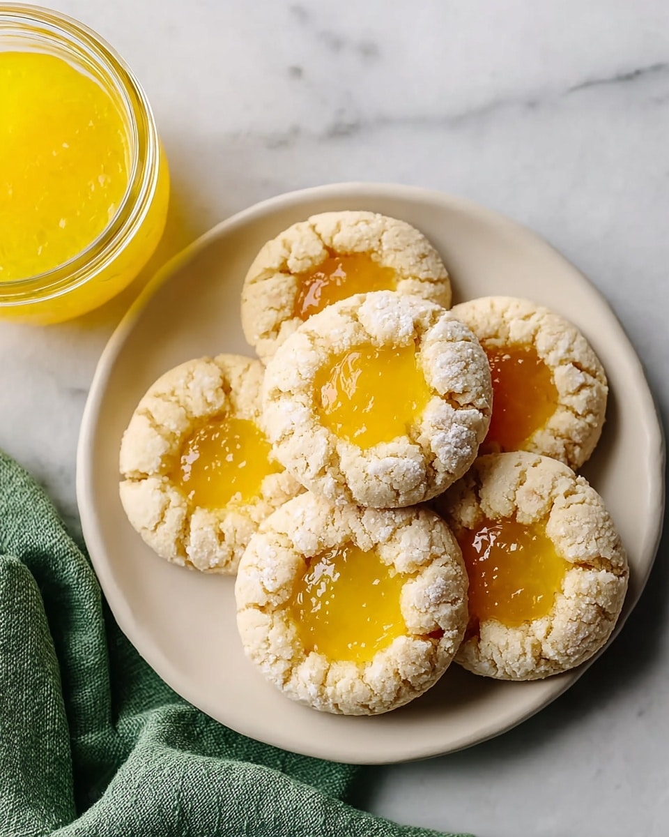 A white round plate holds five thumbprint cookies arranged in a slightly overlapping group, each cookie showing a cracked, rough texture with pale beige dough and a glossy bright yellow jelly center. The cookies have a soft crumbly look and are nestled on a white marbled surface. A jar filled with the same yellow jelly sits nearby, adding a bright splash of color. A green cloth napkin peeks from underneath the plate, adding a soft contrast. photo taken with an iphone --ar 4:5 --v 7