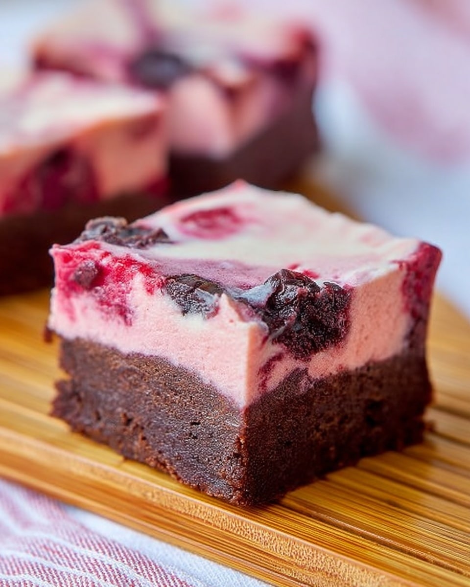 The image shows a close-up of a two-layer dessert square cut into a clean, sharp-edged piece. The bottom layer is thick, dark brown, and fudgy with a dense texture and slight crumb along the edges. The top layer is a creamy, light pink color with visible dark red and purple berry chunks swirled throughout, creating a marbled effect. The dessert is placed on a bamboo slatted surface with a soft, out-of-focus white and pink striped cloth in the background. Photo taken with an iphone --ar 4:5 --v 7
