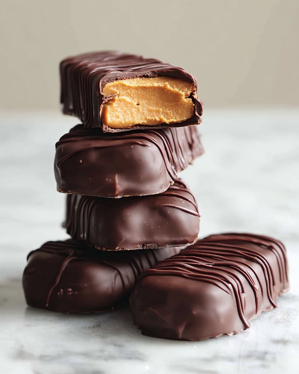 A stack of five chocolate-covered peanut butter bars is shown on a white marbled surface, each bar coated in smooth, dark chocolate with thin drizzle lines of chocolate on top. The bottom four bars are whole and stacked slightly unevenly, with a shiny, soft texture reflecting light. The top bar is cut in half, showing a dense, creamy golden peanut butter filling inside, encased in the rich chocolate shell. The background is plain, putting full focus on the chocolate bars. photo taken with an iphone --ar 4:5 --v 7