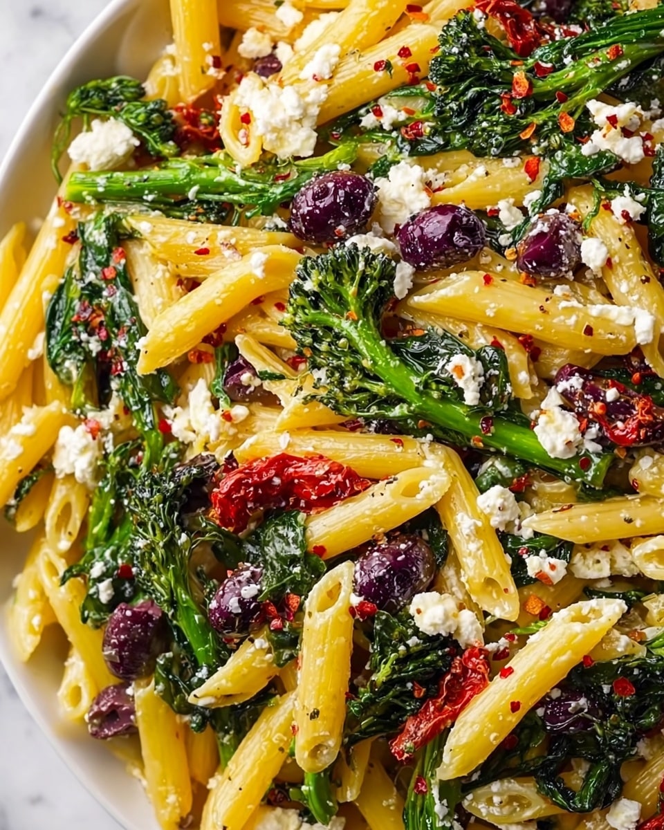 A close-up view of a pasta dish with three main layers: the bottom layer has yellow penne pasta with a smooth texture; the middle layer contains dark green broccolini and wilted spinach, creating a mix of leafy and stalky textures; scattered throughout the top layer are small dark purple olives, bright red sun-dried tomato pieces, and white crumbled feta cheese that contrasts with the other colors. Red chili flakes are sprinkled lightly over everything, adding tiny red specks on the pasta and vegetables. The entire dish sits on a white plate against a white marbled background. photo taken with an iphone --ar 4:5 --v 7